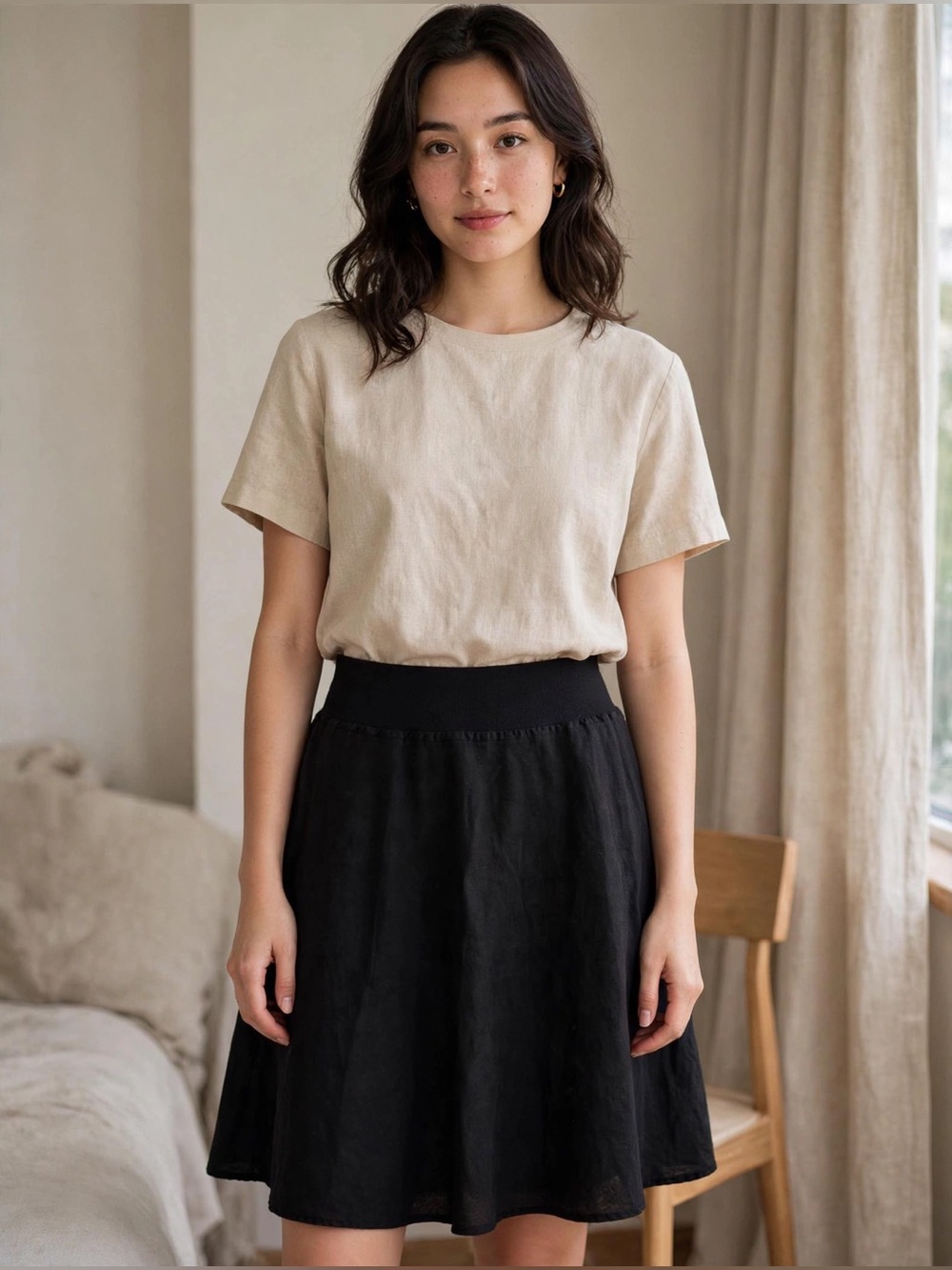 NWT Three Dots Black Linen Knit Waist A-Line Skirt NWT Size Small